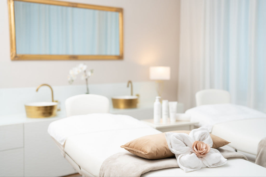 Doppelkabine von MoniQue Cosmetique Dresden mit 2 Wellnessliegen im Hintergrund ein goldener Spiegel
